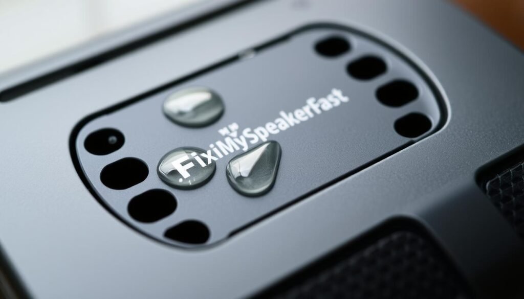 A detailed close-up view of a phone speaker with water droplets on its surface, captured under natural lighting from a high angle. The speaker is depicted in a matte, metallic finish with a subtle textured pattern. Fixmyspeakerfast logo is subtly visible on the speaker grill. The overall scene conveys a sense of technical focus and attention to detail, highlighting the need for a effective solution to remove water from phone speakers.