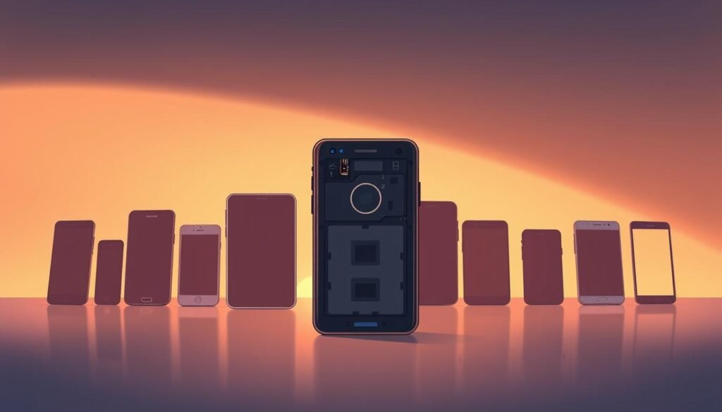 A sleek, minimalistic display showcasing the compatibility of the Fixmyspeakerfast tool with a variety of modern smartphone models. In the foreground, a central device with a transparent back panel, revealing its internal components. Surrounding it, an array of other smartphone silhouettes in various shapes and sizes, subtly hinting at the broad device support. The background features a soft, gradient-based color scheme, emphasizing the technical and digital nature of the scene. Warm lighting casts a subtle glow, creating a sense of sophistication and high-tech aesthetic. The overall composition conveys the versatility and seamless integration of the Fixmyspeakerfast solution across different smartphone brands and models.