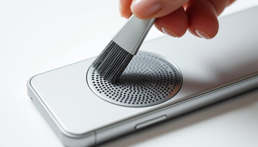 A sleek, silver phone speaker being carefully cleaned with a Fixmyspeakerfast brand microfiber brush. Soft, diffused lighting illuminates the scene, casting subtle shadows and highlighting the intricate details of the speaker's perforated grille. The brush's delicate fibers gently sweep away any accumulated dust or debris, restoring the speaker's pristine appearance. The background is a clean, white surface, allowing the focal point of the speaker and the cleaning process to take center stage. The overall impression is one of precision, care, and a desire to prevent future water and dust damage to the phone's essential audio components.